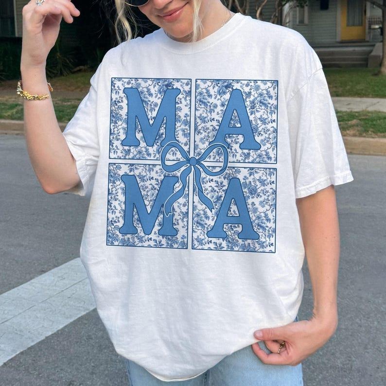 Blue Floral Chinoiserie Mama Coquette Shirt-sweatshirt-hoodie, Checkered Mama sweatshirt, Mama hoodie, Mama Varsity sweatshirt, Mothers Day tshirt, Gift for Mom, Mama bow png