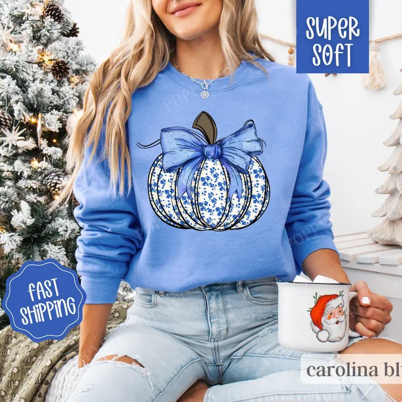 Blue Floral Pumpkin Sweatshirt, Pumpkin Season Sweater, Comfy Fall Sweatshirt for Women