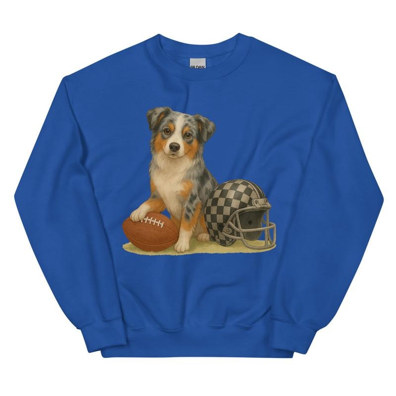 Blue Merle Aussie Football Sweatshirt - Unisex Apparel Relaxed Fit Printed In The USA Clothing Womenswear Casual Comfort Cotton Top Athletic Boho Chic