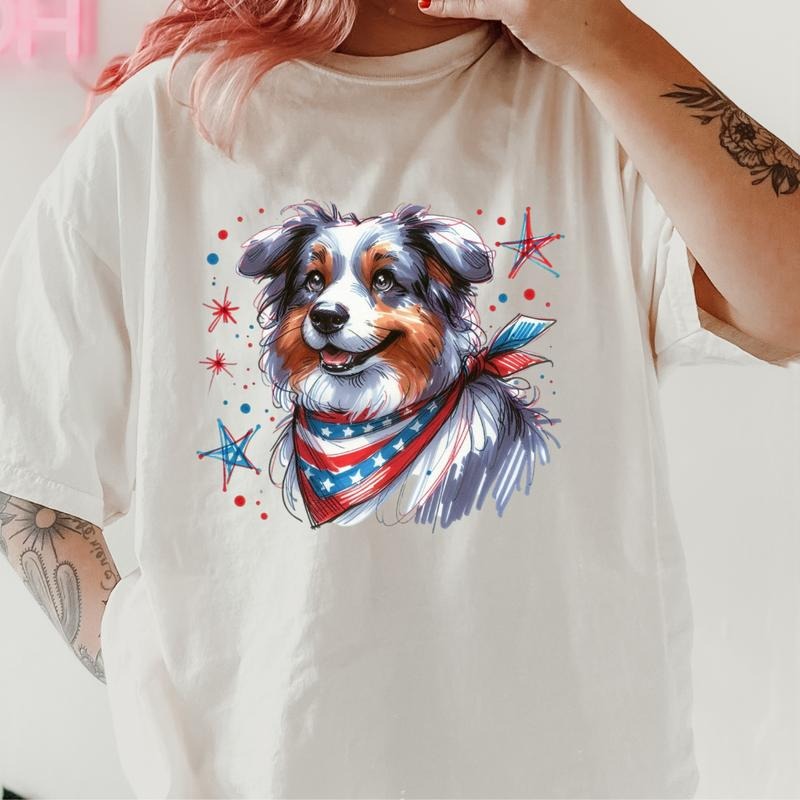 Blue Merle Aussie Patriotic Dog Shirt ~ Unisex Apparel Relaxed Fit Printed In The USA Clothing Womenswear Casual Comfort Cotton Top Athletic Boho Chic