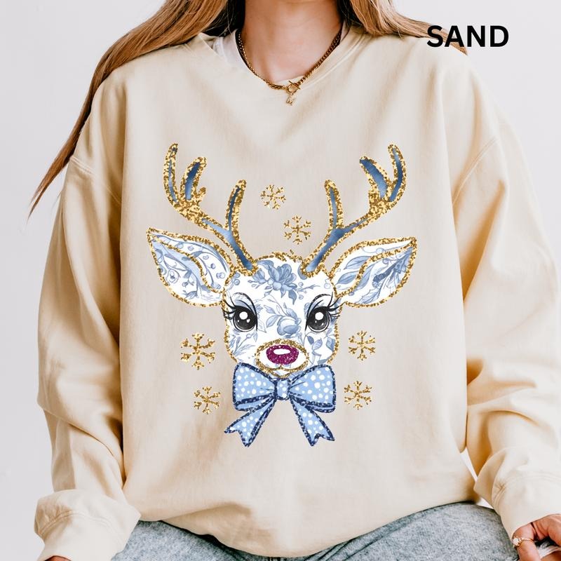 Blue Reindeer Sweatshirt, Winter Graphic Sweatshirt Casual Cotton Polyester Oversized sweatshirt - Comfort Crewneck Menswear Womenswear