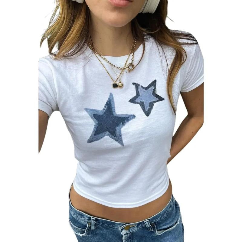 Blue Stars Womens Graphic Baby Tee Two Denim Star Shirt Trendy Aesthetic 90S Grunge Cool Girl Gift For Her