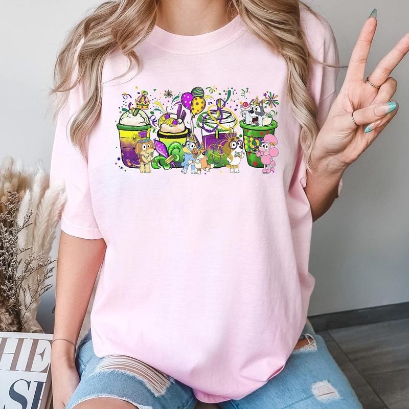 Bluey Mardi Gras Coffee Cups Shirt, Coffee Latte Tshirt, Fat Tuesday New Orleans Fleur De Lis Shirt, Let The Good Times Roll, Bluey Bingo Parade, Mardi Gras Shirt with Bluey Design, Bluey Mardi Gras T-Shirt