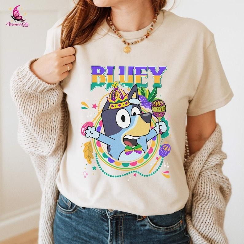 Bluey Mardi Gras Shirt, Double Trouble Fat Tuesday Festival Shirt, Bluey and Bingo Tee, Bluey Characters Sweatshirt, Bluey Friends Shirt, Mardi Gras Gift, Mardi Gras Shirt