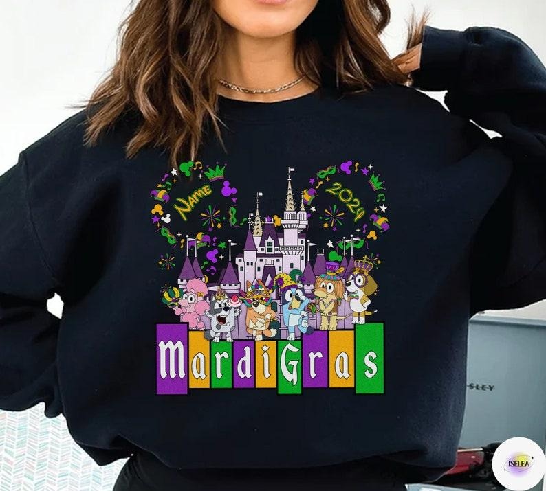Bluey Mardi Gras Sweatshirt, Bluey Mardi Gras Carnival Parade Party Tshirt, Bluey Custom Name Fat Tuesday Matching Tee, Funny Gift Idea, Purple Green Gold, Mardi Gras Sparkles, Womens Mardi Gras