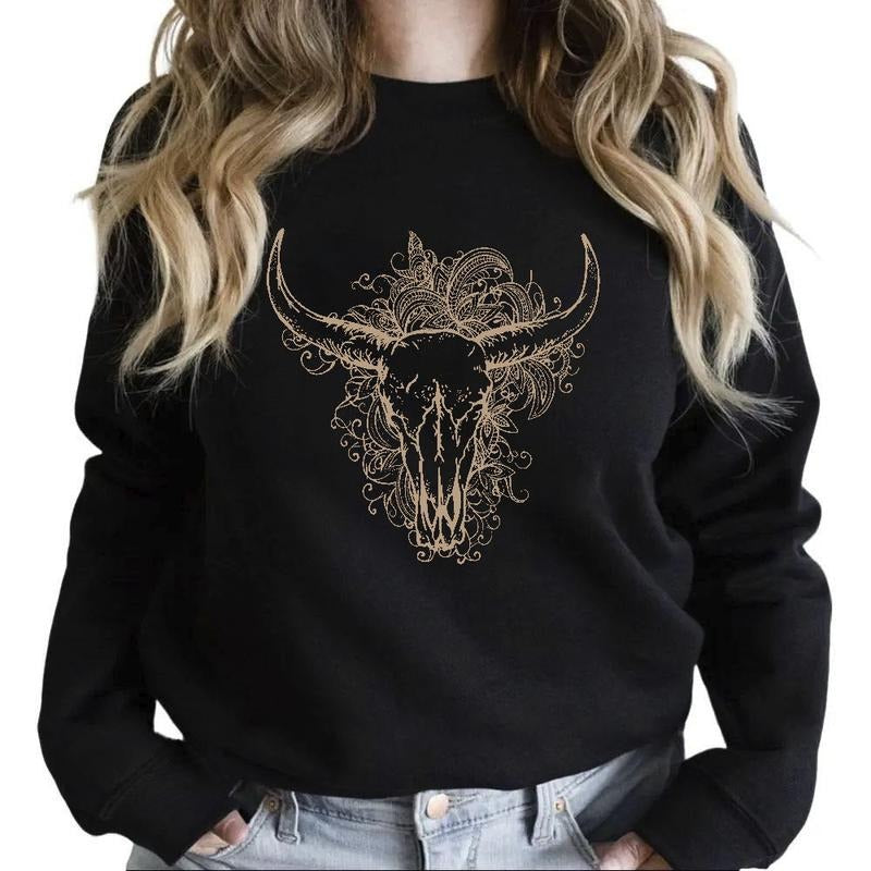 Boho Bull Skull Sweatshirt, Country Shirts, Flower Longhorn Skull Hoodie, Cowgirl Wild West Western Country Gifts Cotton Womenswear