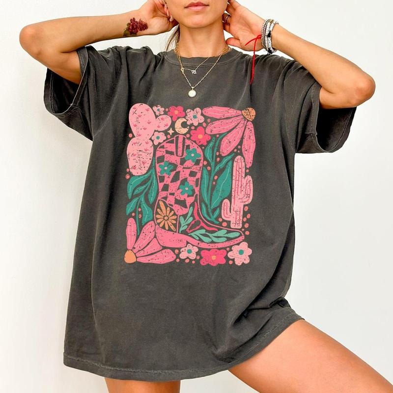 Boho Floral Cowboy Boots, Colorful, Summer, Western, Country, Trendy Shirt, Women's Tee, Tshirt Hoodie, Sweatshirt