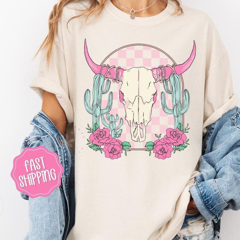 Boho Floral Skull Shirt, Desert Cow Floral Tshirt, Western Shirts