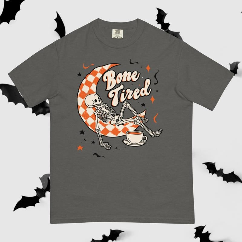 Bone Tired Skeleton Coffee and Crescent Moon Comfort Colors Shirt, Checkered Pattern, Halloween and Autumn Tops, Gift for Her