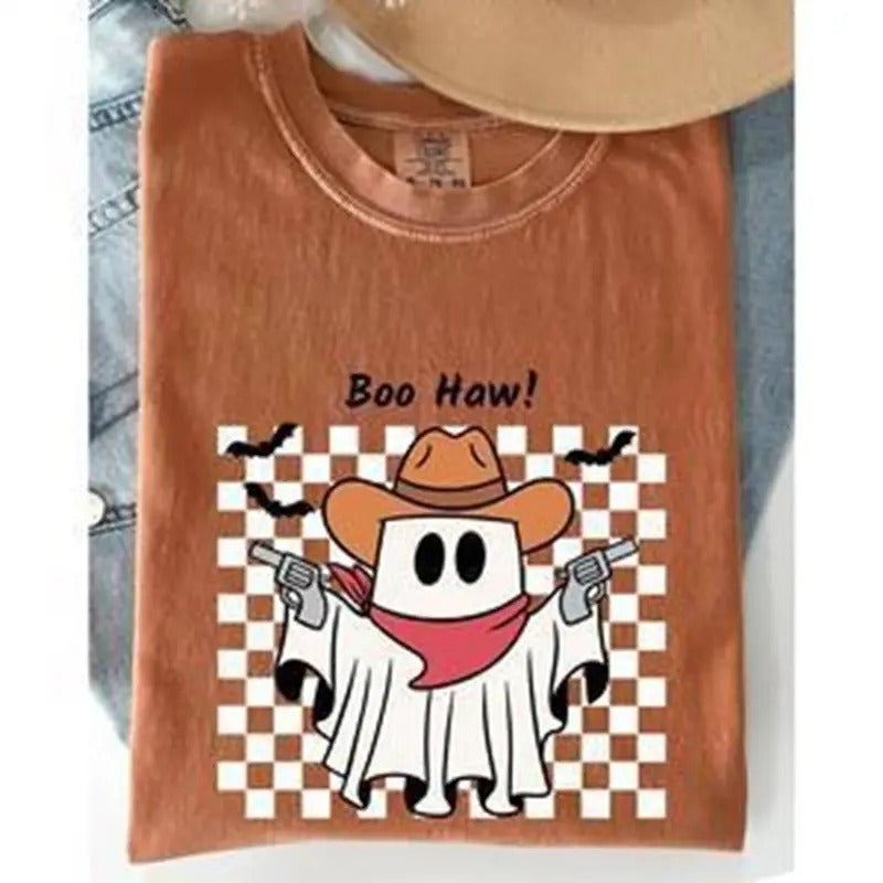 Boo Haw Cowboy Ghost Checkered Western Halloween Shirt, Cute Ghost Boo Shirt, Style Checkered Vintage Halloween Shirt