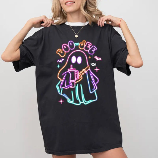 Boo-Jee Halloween Ghost Neon Shirt, Cute Ghost Coffee Printed Crewneck, Holiday Season T-shirt, Bougie Halloween Tee, Spooky Ghost Shirt, Funny Halloween Gift, Casual Short Sleeve Shirt For Women, Womenswear, Cotton Fabric Relaxed Fit Chic Style