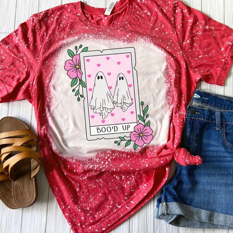 Boo'd Up Ghostie Tarot Card Bleached Shirt - Red - Sublimation