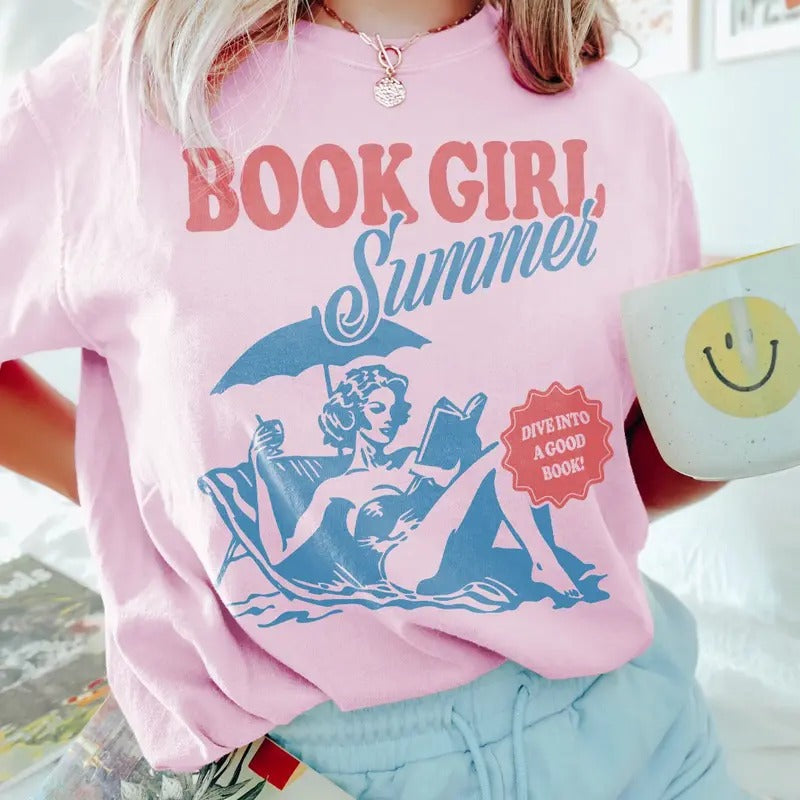 Book Girl Summer Shirt Beach Book Lover Summer Bookish Funny Reader Oversized Beach Shirt Bookish Vacation Shirt Coconut Girl Romance Book Menswear Top Underwear Tshirt Casual Crewneck Round Neck