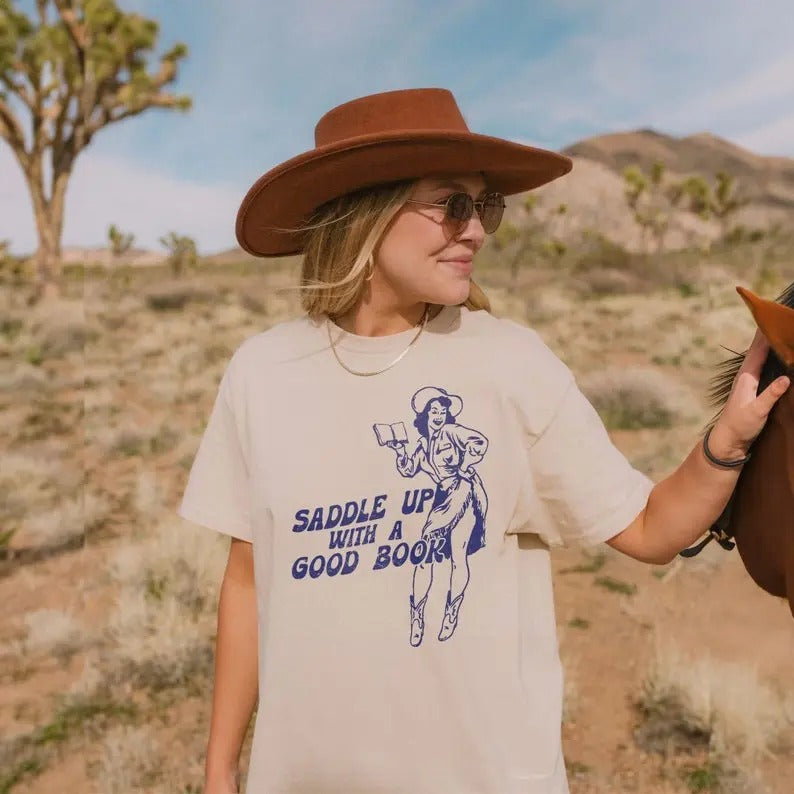 Bookish Cowgirl t-Shirt | Retro Western Book Lover Shirt Country Bookish Tee, Bookish Gift For Her, Country Girl Reader BookTok, Womenswear Shortsleeve Crewneck Cotton Casual Top Fit