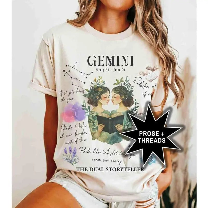 Bookish Gemini Zodiac Shirt Gemini Gifts For Book Lovers Astrology Shirt Booktok Merch Bookstagram Gifts June Birthday Birth Flower