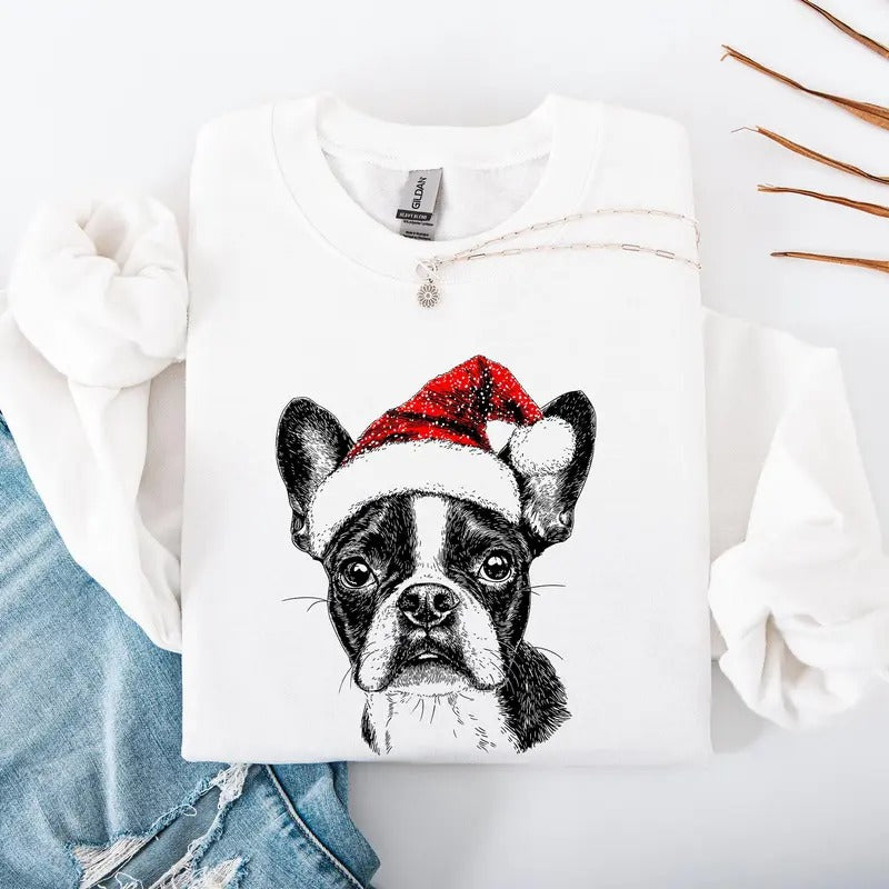 Boston Terrier, Santa, Dog, Christmas, Dog Lover, Pet Sweatshirt, Crew Neck, Women's, Crewneck T-Shirts, Hoodie