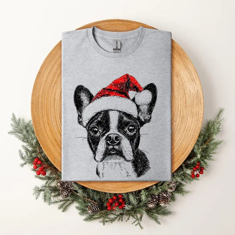 Boston Terrier, Santa, Dog, Christmas, Dog Lover, Pet T-Shirt, Soft Style Tee, Women's Graphic Tshirt Hoodie, Sweatshirt