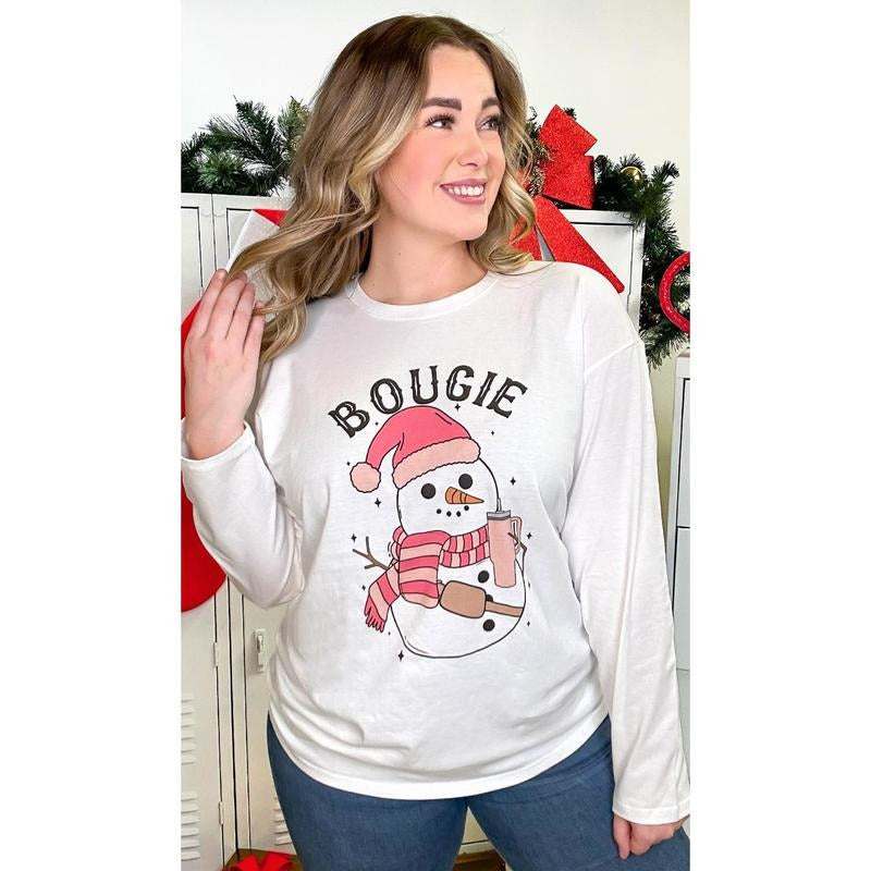 Bougie Slay Snow Girl Boyfriend Long Sleeve - Festive Slay Vibes #SlaySnowGirl #LongSleeveTee #ChristmasGlow