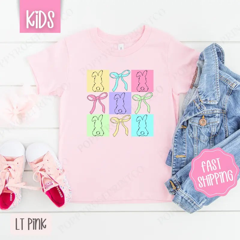Bows and Bunnies Kids Shirt - Easter Children's Tshirt - Cute Youth Tee Gildan
