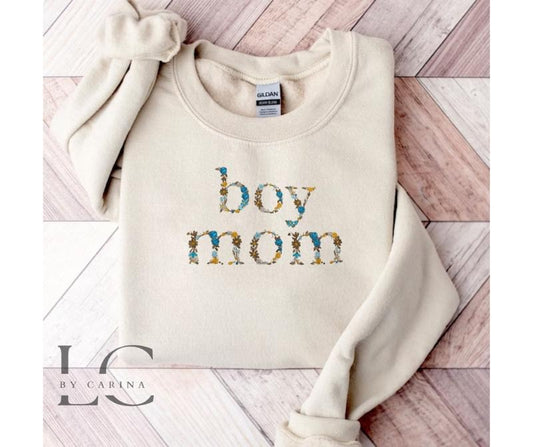 "Boy Mom" Floral Print Embroidered Sweatshirt - Stylish Mom Apparel - Custom Floral Design - Cozy Motherhood Jumper