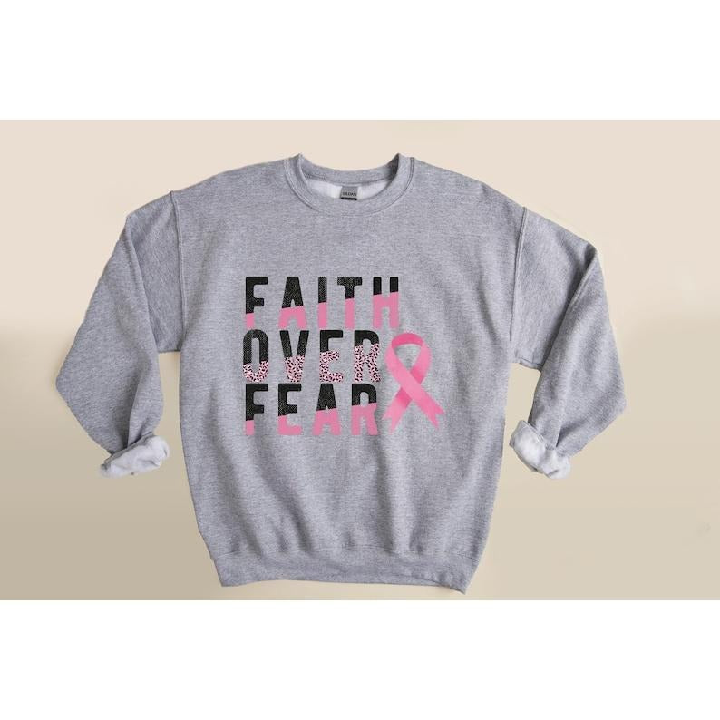 Breast Cancer Awareness Sweatshirt, Faith Over Fear Sweater, Pink Ribbon Sweatshirt, Cancer Awareness, Leopard Print T-shirt, sweater and Hoodie
