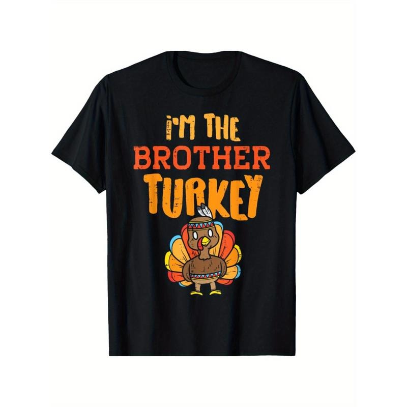Brother Turkey Thanksgiving Cotton T-Shirt, Geometric Pattern, Casual Sports Tee with Round Neck, Stretch Fabric, Unisex for Running, Cycling, Daily Wear - Black Made in USA