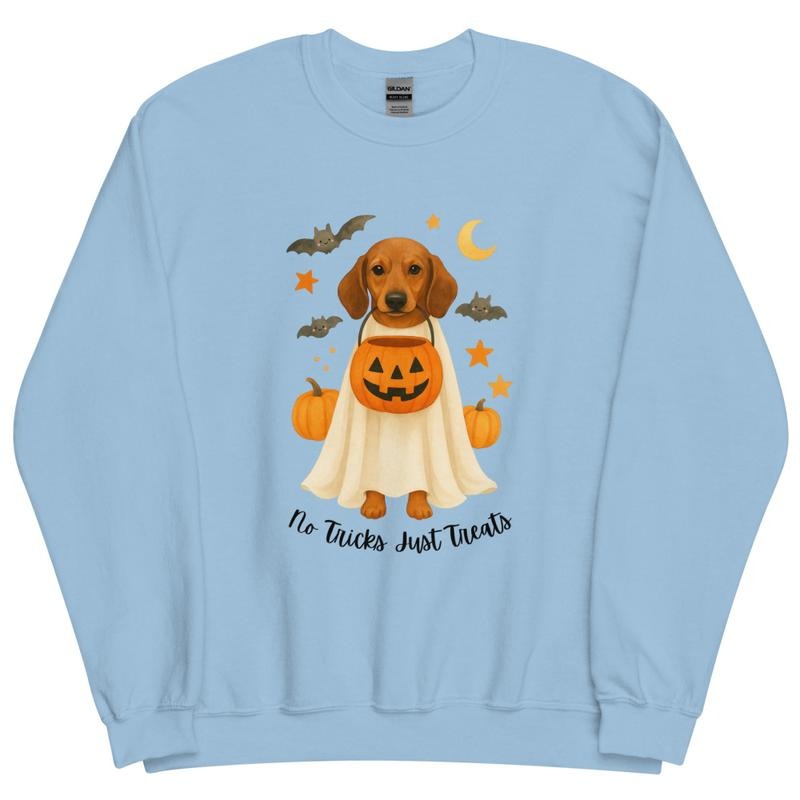 Brown Short Haired Dachshund No Tricks Just Treats Crewneck - Unisex Apparel Relaxed Fit Printed In The USA Clothing Womenswear Casual Comfort Cotton Top Athletic Boho Chic