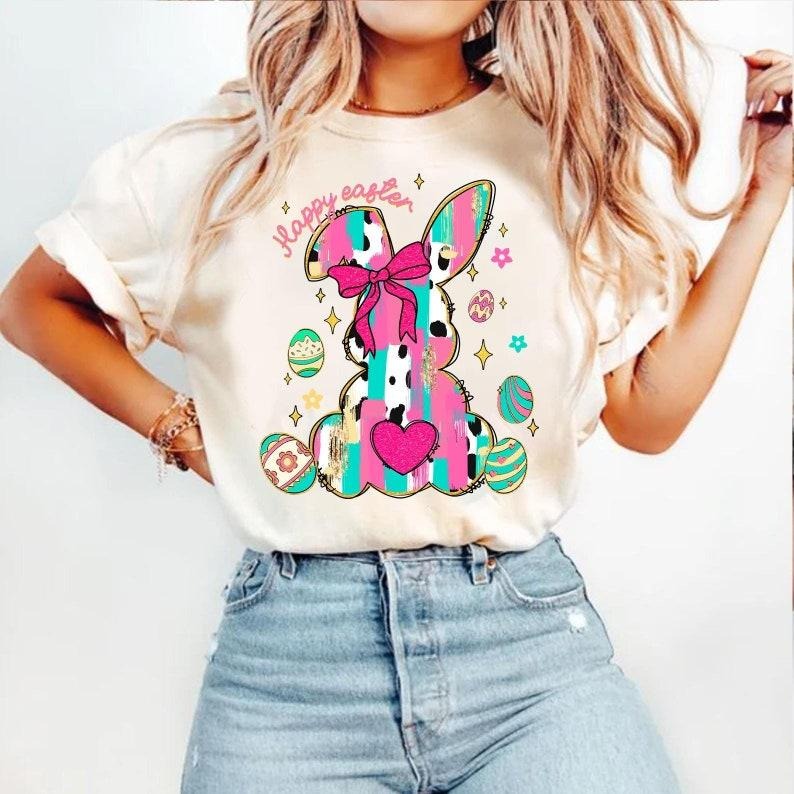 Brushstroke Bunny T-shirt, Preppy Coquette, Girly Easter, Bunny Bow