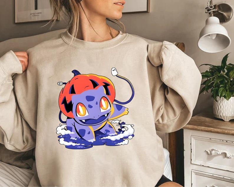 Bulbasaur Pumpkin Shirt, Pumpkinsaur T-Shirt, Pokemon Sweatshirt, Halloween Shirt, Halloween Bulbasaur Hoodie, Spooky Pumpkin Monster Sweatshirtstyle{n002}2
