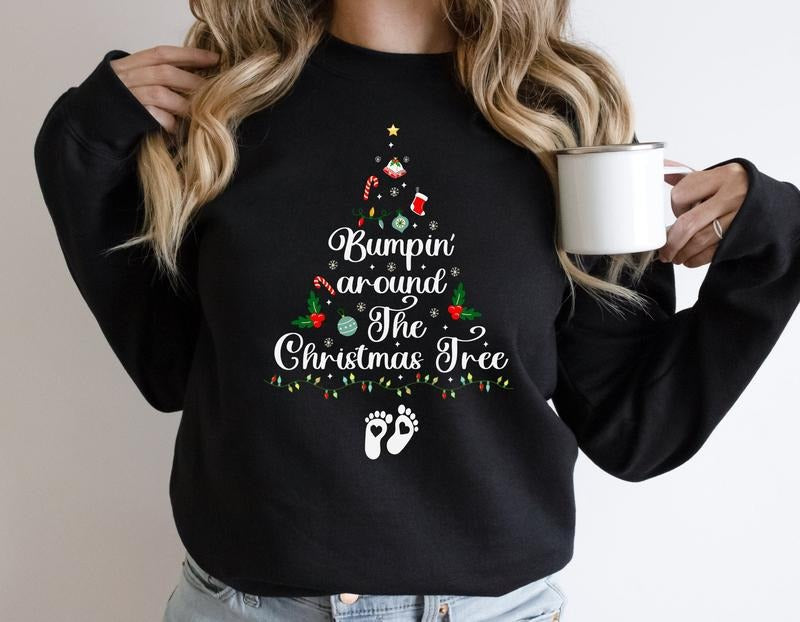 Bumpin' around the Christmas tree, Pregnancy Christmas Sweater, Christmas Sweatshirt, Baby Reveal Shirt, Christmas Reveal, Baby Announcement Cotton Crewneck
