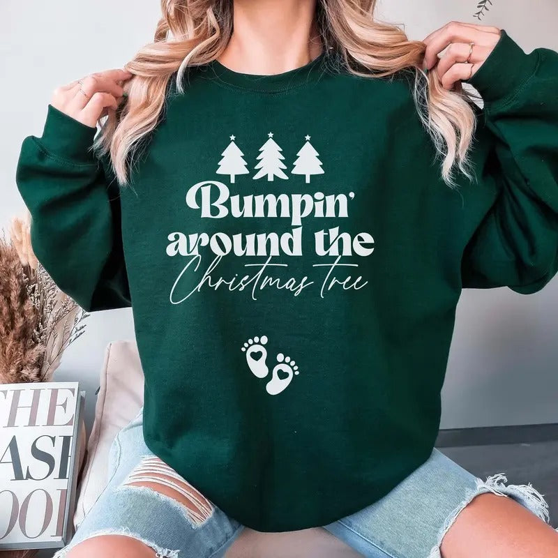 Bumpin Around The Christmas Tree Sweatshirt, Christmas Pregnancy Announcement Sweatshirt, Xmas Maternity Sweater, Christmas Holiday Shirt, New Mom Shirt