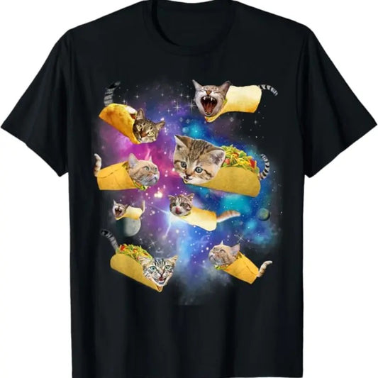 Burrito Pizza and Taco Cat in Space - Tacocat Tee Gift Idea T-Shirt, Cat Selfie Vintage 90s Graphic Shirt, Retro Funny Cat Tee, Alien Kitten Shirt, Y2k Halftone Gag Washed Tee, Cat Lovers Gift