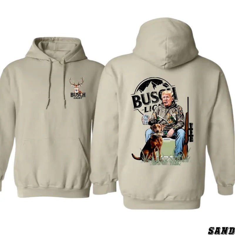 Busch Light Hoodie - Donald Trump with Hunting Dog and Beer Graphic, Perfect for Hunters and Busch Light Fans, Hoodie for Men and Women