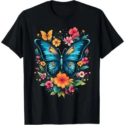 Butterfly With Flowers I Aesthetic Butterfly T-Shirt Made in USA