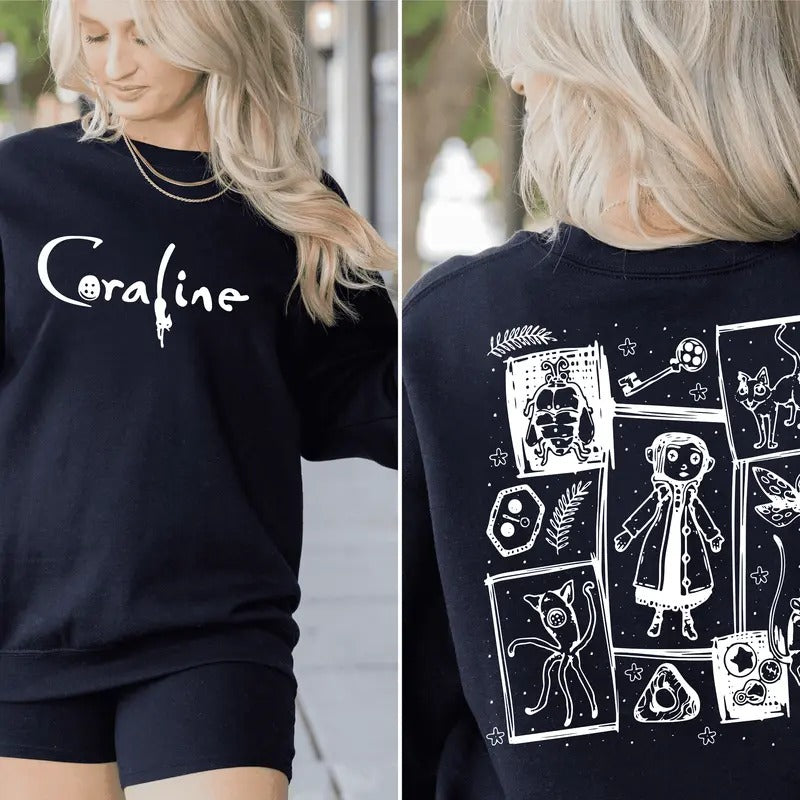 Button Eyes Sweatshirt, Coralinee horror cartoon T shirt, Famous Spooky Movie Halloween Tee, Black Cat Shirt, Halloween Co.rraline Tee, Spooky Coralinee Doll Sweatshirt, Coralinee Movie