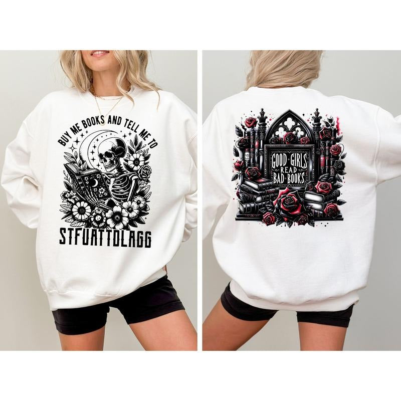 Buy Me Books And Tell Me To STFUATTDLAGG Sweatshirt, Book Lover Librarian Gift, Funny Skeleton Book Shirt, Dark Academia Hoodie