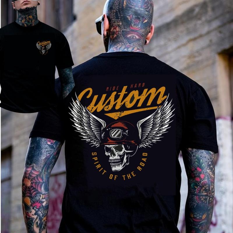 CUSTOM SPIRIT OF THE ROAD Skull with Winged Helmet Black 2 Side Print T-shirt - Sweatshirt