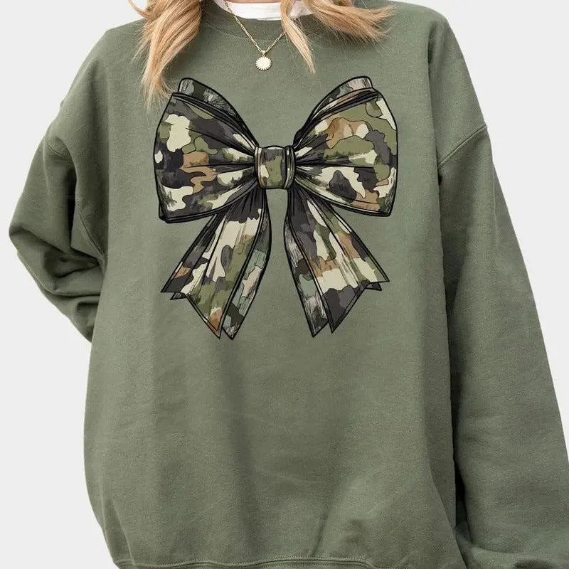 Camo Bow Sweatshirt, Camo Coquette Bow Shirt, Hunting Shirt, Old School Camo Shirt, Fall Shirt, Women's Camouflage Bow Shirt, Camo Shirts, Hunting Wife Shirt, Hunting Mama Sweaters