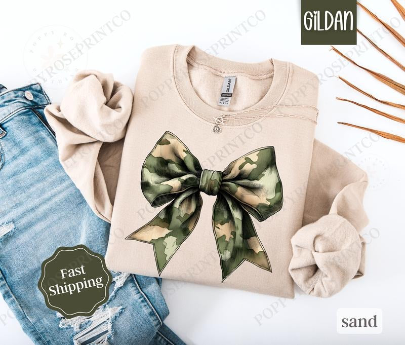 Camo Bow Sweatshirt, Military Wife Sweater, Coquette Bow Women's Crewneck