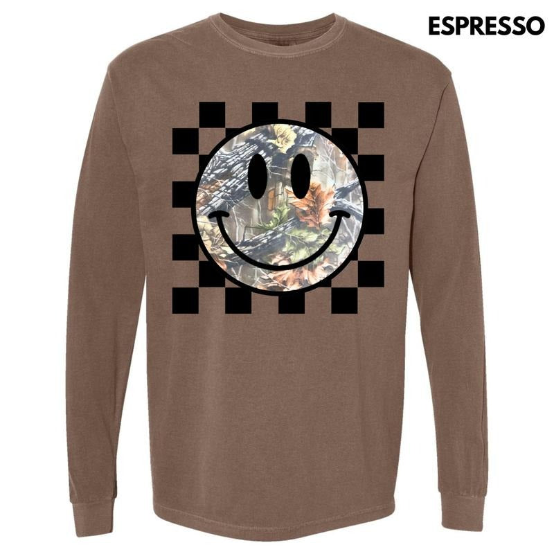 Camo Checker Happy Face Long Sleeve Comfort Colors T-Shirt 'NLB'