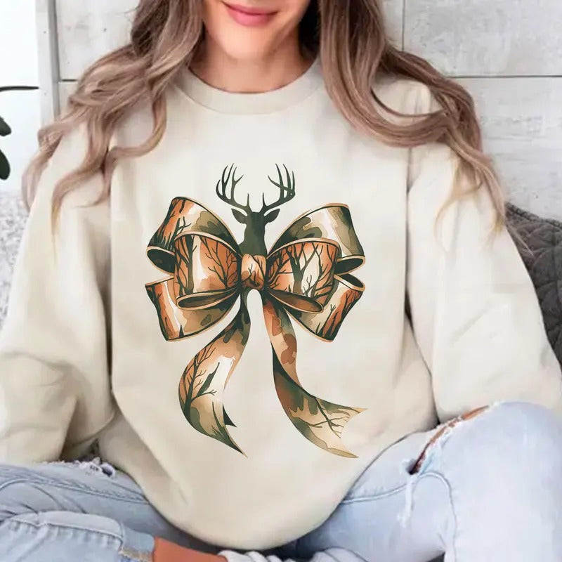 Camo Coquette Bow Deer Hunt Outdoors Unisex Crewneck Sweatshirt and T-Shirt, Hunting Season Tee coquette christmas