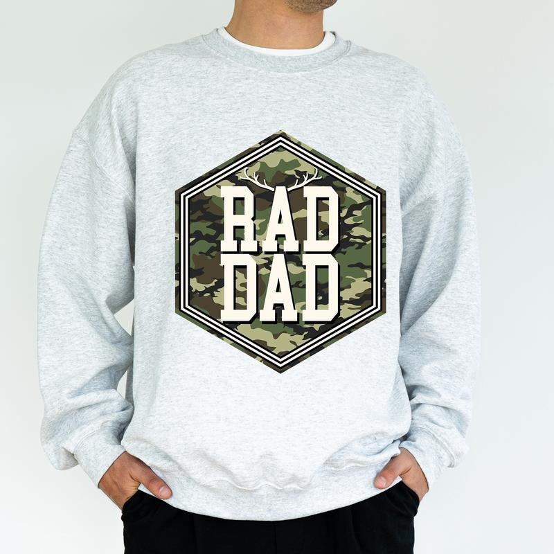 Camo Hunting Rad Dad Sweatshirt, Camouflage Daddy Crewneck, Cool Dad Club Sweater, Dad Life Hunter Tops, Dada Daddy Papa...