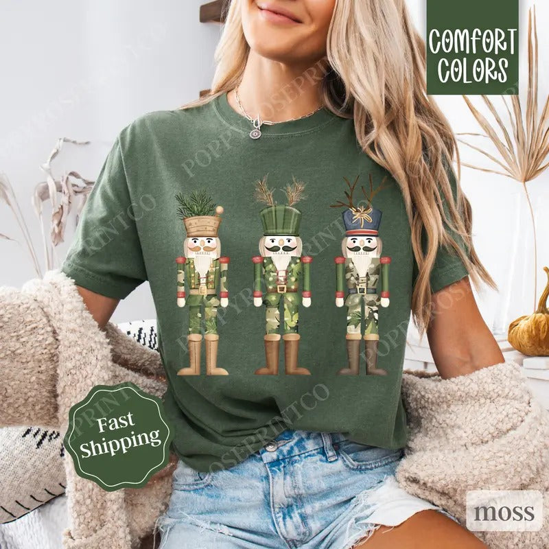 Camo Nutcracker Christmas Trees Shirt Comfort Colors, Country Christmas Tshirt, Womens Holiday Hunting Tee