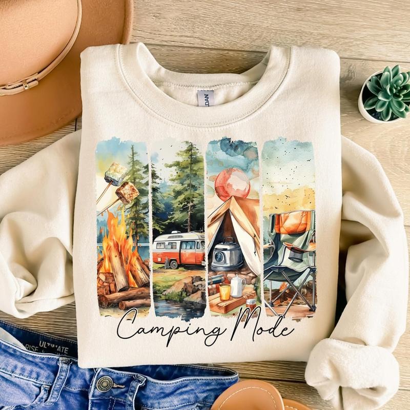 Camping Mode Sweatshirt Vintage Camping Crewneck Family Adventure Outdoors Shirt Hiking Gift 100% Cotton