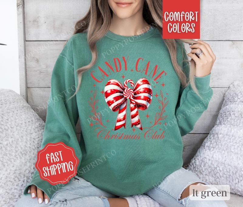 Candy Cane Christmas Club Comfort Colors Sweatshirt, Coquette Christmas Sweater Womenswear, Holiday Crewneck