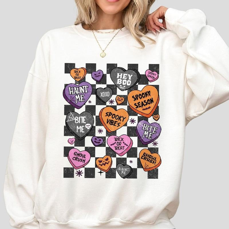Candy Hearts Halloween Sweatshirt, Retro Halloween Shirts, Spooky Vibes Sweashirt, Shirt For Women, Pumpkin Vibes Shirt, Cute Halloween Sweatshirt, Women's Tops, Gift For Her, Heart Halloween T-shirt, Trendy Halloween Tee
