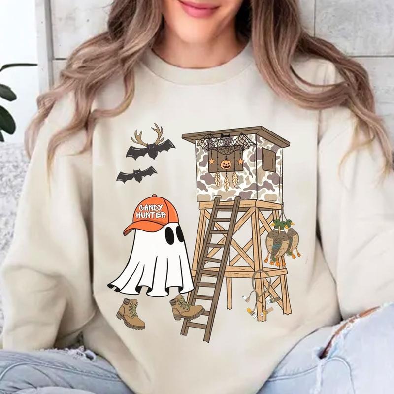 Candy Hunter Camo Ghost Halloween Crewneck Unisex Sweater, Camouflage Spooky Fall Candy Hunter Pumpkin Shirt, Halloween Gifts for Outdoor Lovers