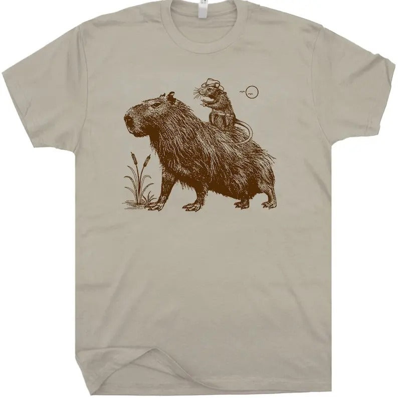Capybara Tshirt Rodent Shirts Funny Shirt for Women Men Kids Cute Mouse Cowboy Rat Shirts Vintage Western Theme Graphic Tee Silly Shirt Menswear Top