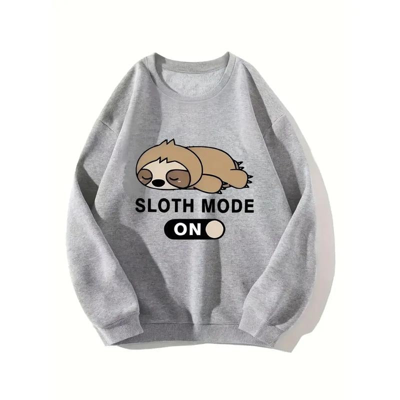 Cartoon Sloth Print Casual Round Neck Sweatshirt, Fashion Sports Pullover Sweatshirt, Women's Clothing Hoodie and Sweater; T-shirt Cotton Womenswear Light Polyester Solid Tops