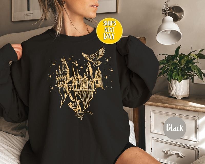 Castle Sweatshirt, Gift for Book Lovers, Magical Wizard Castle Hoodie, Vacation Sweater, Gift for Nerd, Wizard Hoodie, Fantasy Bookish Womenswear Soft Crewneck Pullover Long Sleeves Graphic Fabric Shirt